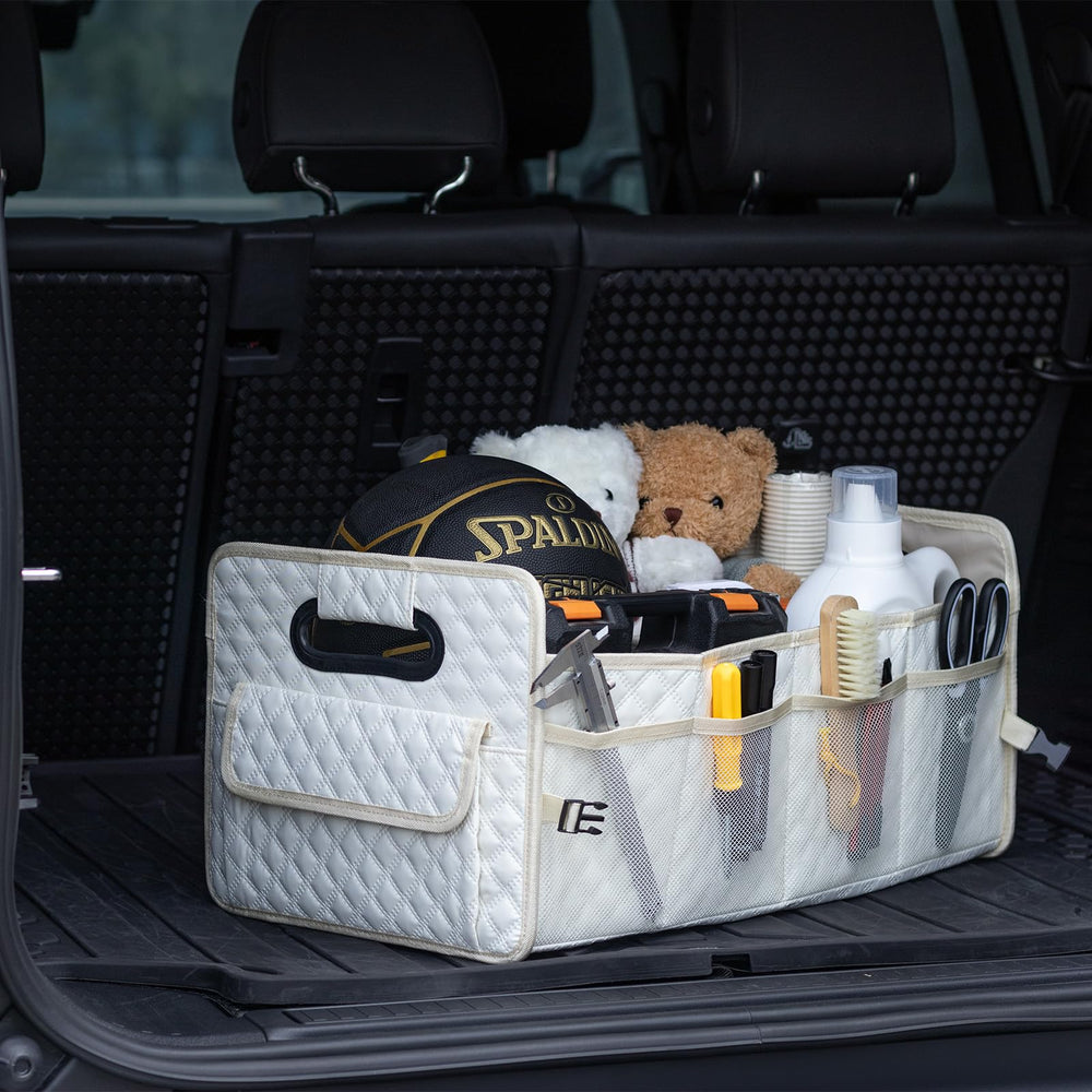JiatuA trunk organizer with adjustable dividers keeps items secure during travel