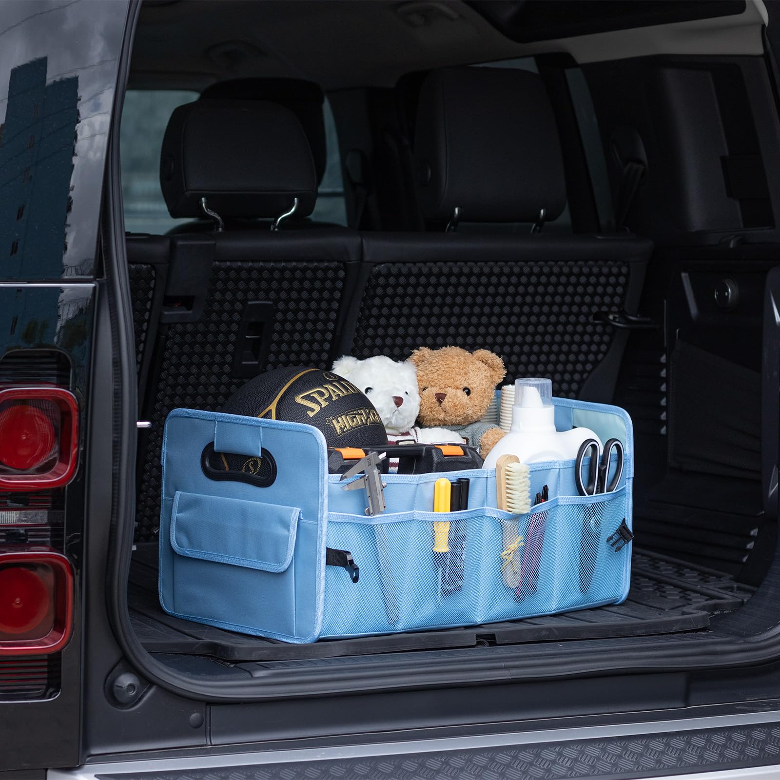 JiatuA Car Trunk Organizer with front and rear pockets for quick access to essentials.