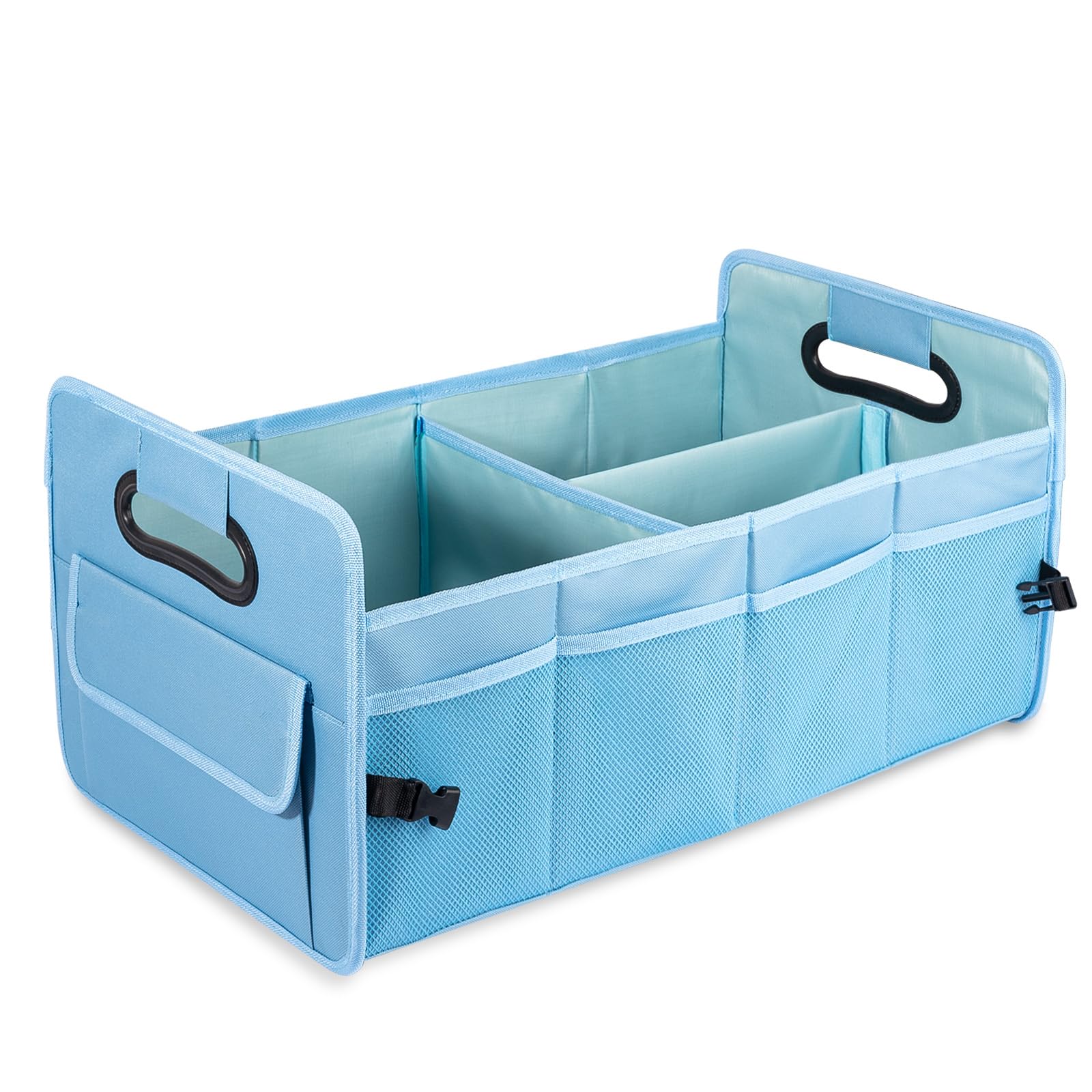JiatuA Car Trunk Organizer, fully expanded, keeps groceries and gear neatly organized and within reach.