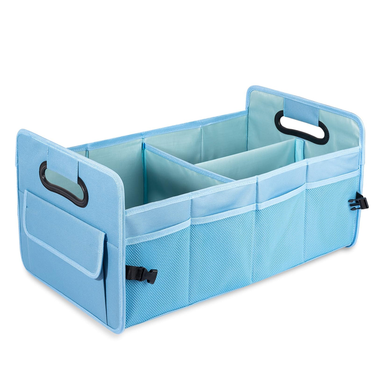 JiatuA Car Trunk Organizer, fully expanded, keeps groceries and gear neatly organized and within reach.