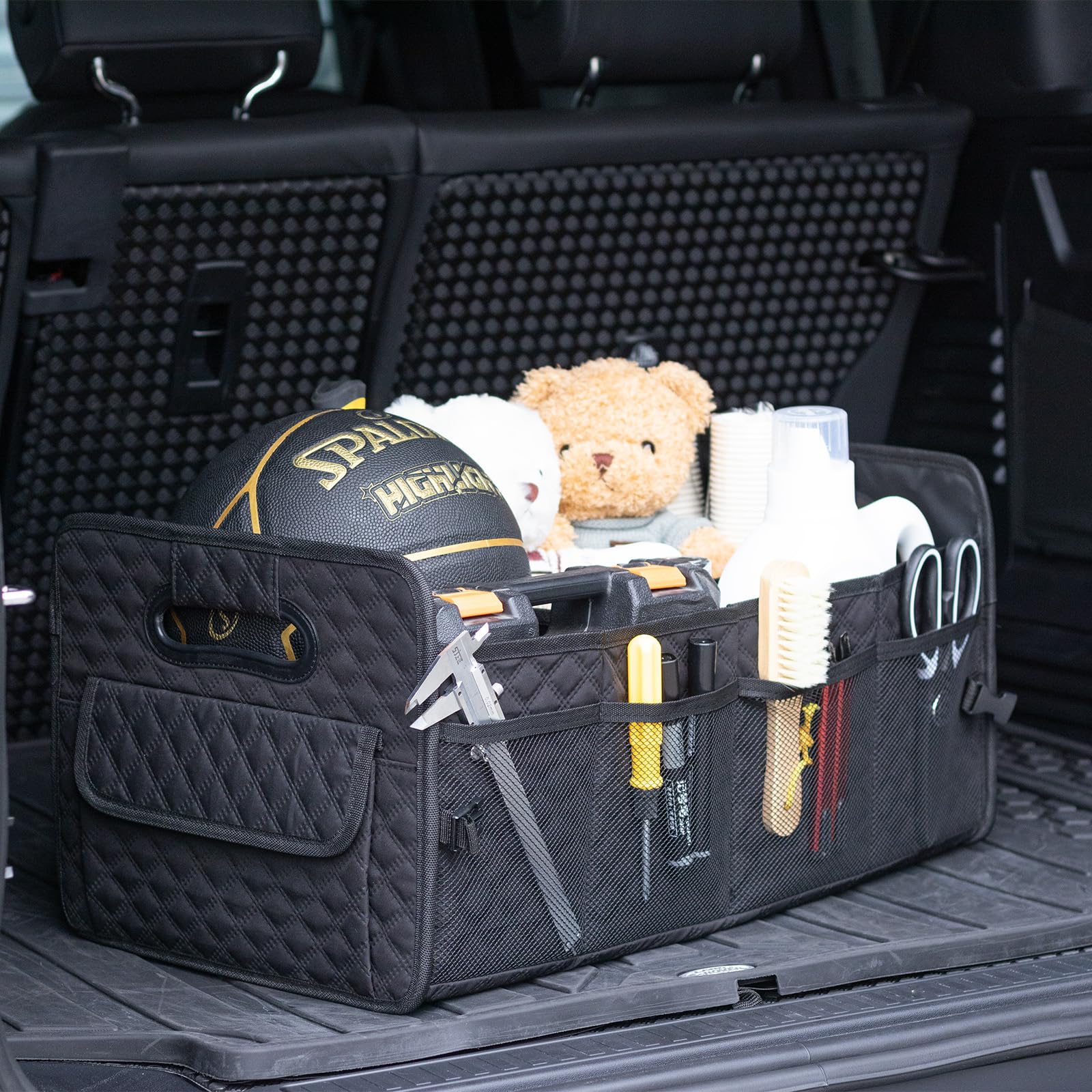 JiatuA trunk organizer compartments close-up shows adjustable dividers for different items.
