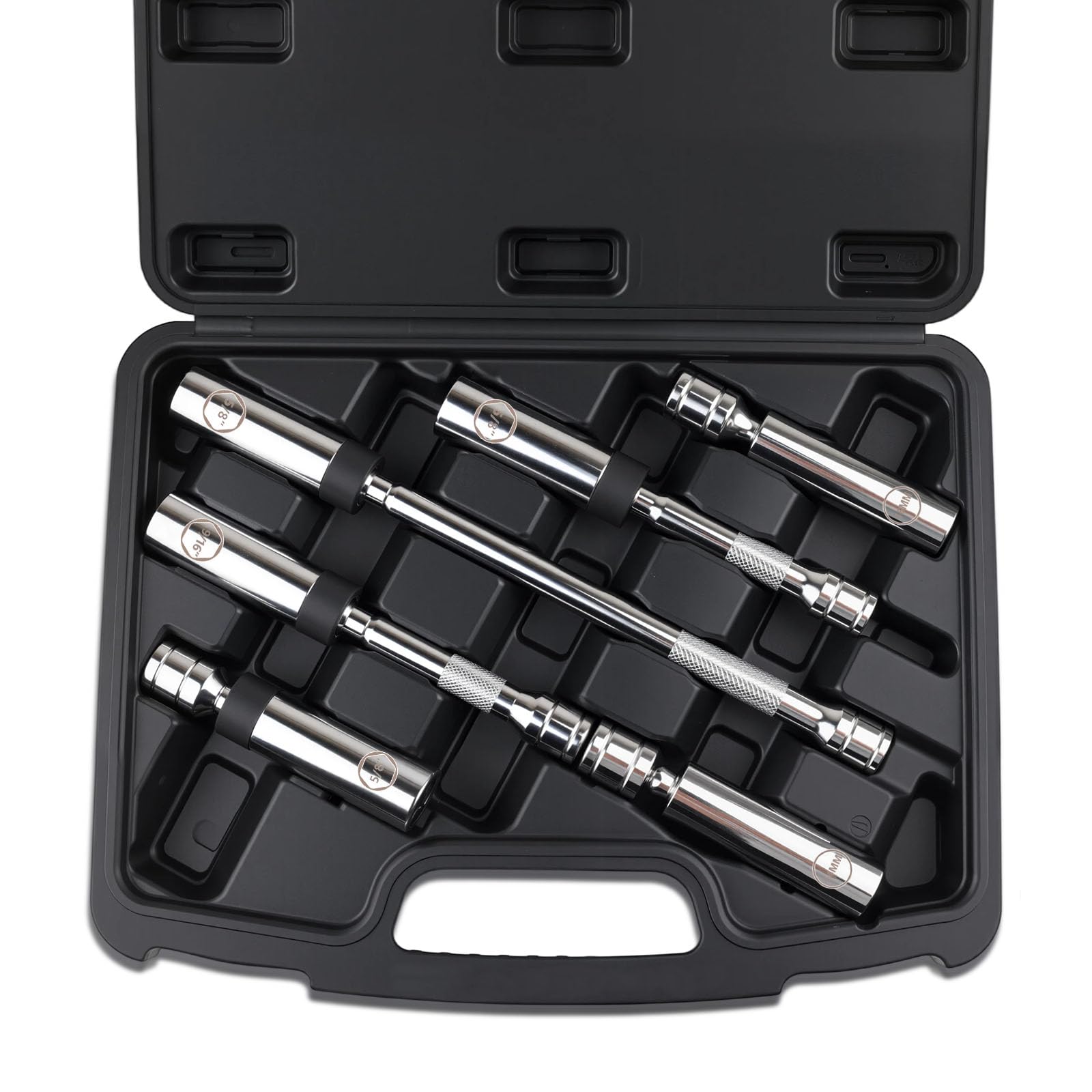 Jiimee 6-piece spark plug socket set with magnetic extensions for easy handling.