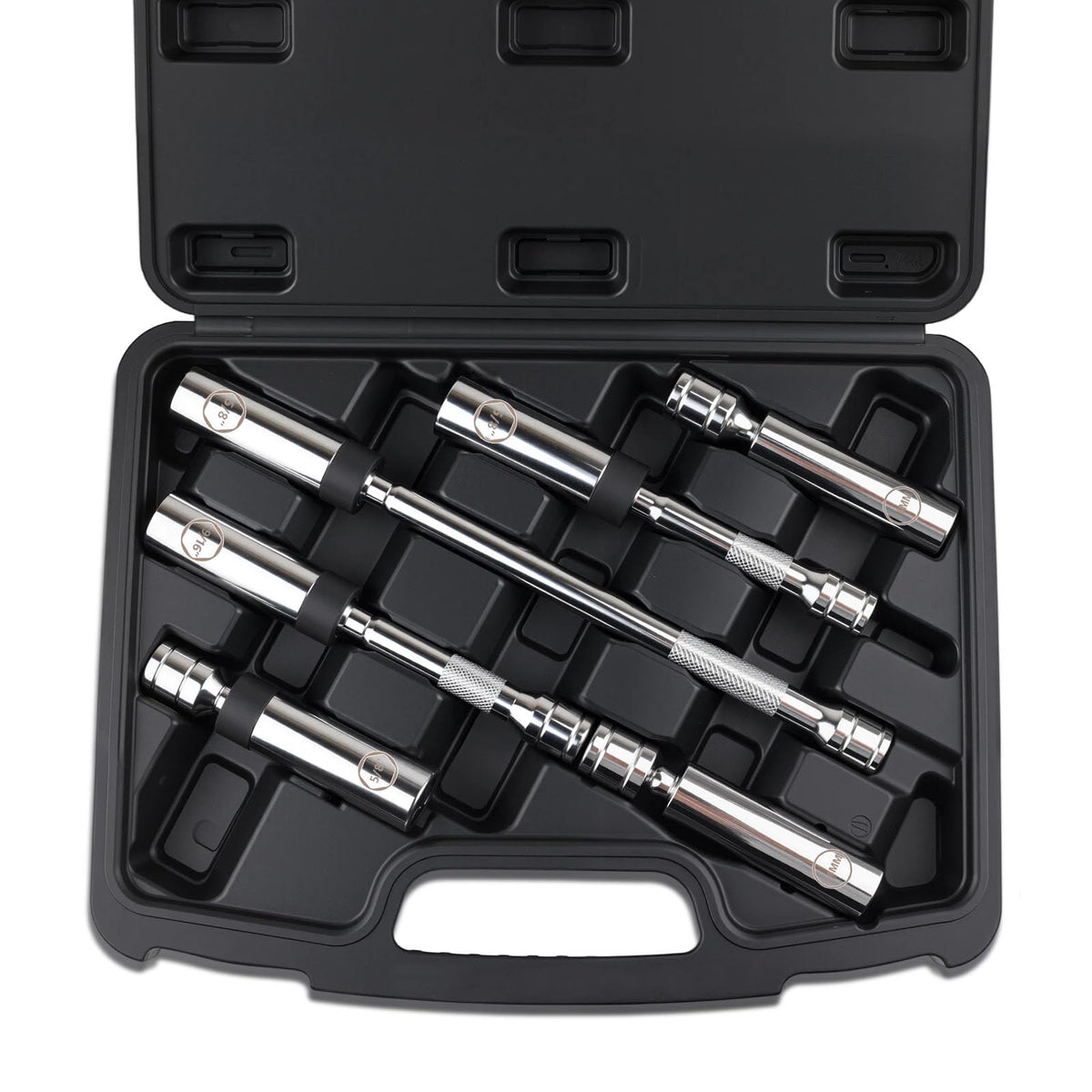 Jiimee 6-piece spark plug socket set with magnetic extensions for easy handling.