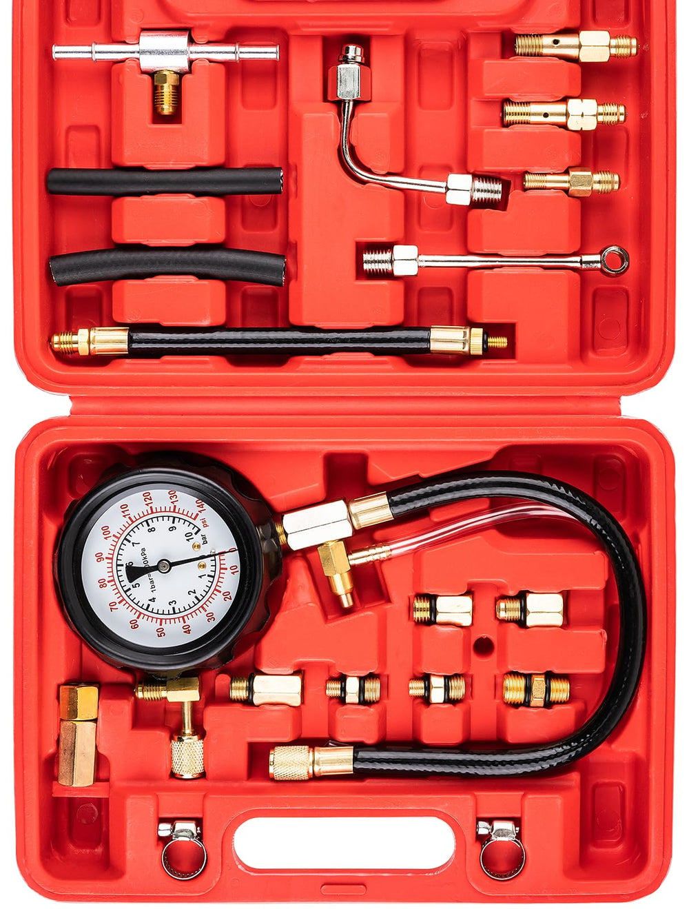Jiimee fuel tester kit gauge reading for quick diagnostics.