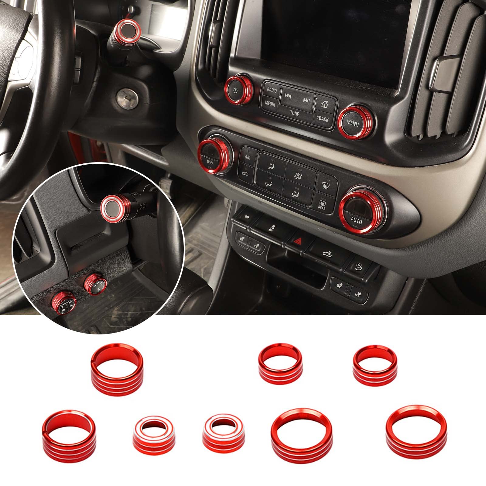 Jimen red knob-ring trim fits Chevy Colorado and GMC Canyon for enhanced interior protection