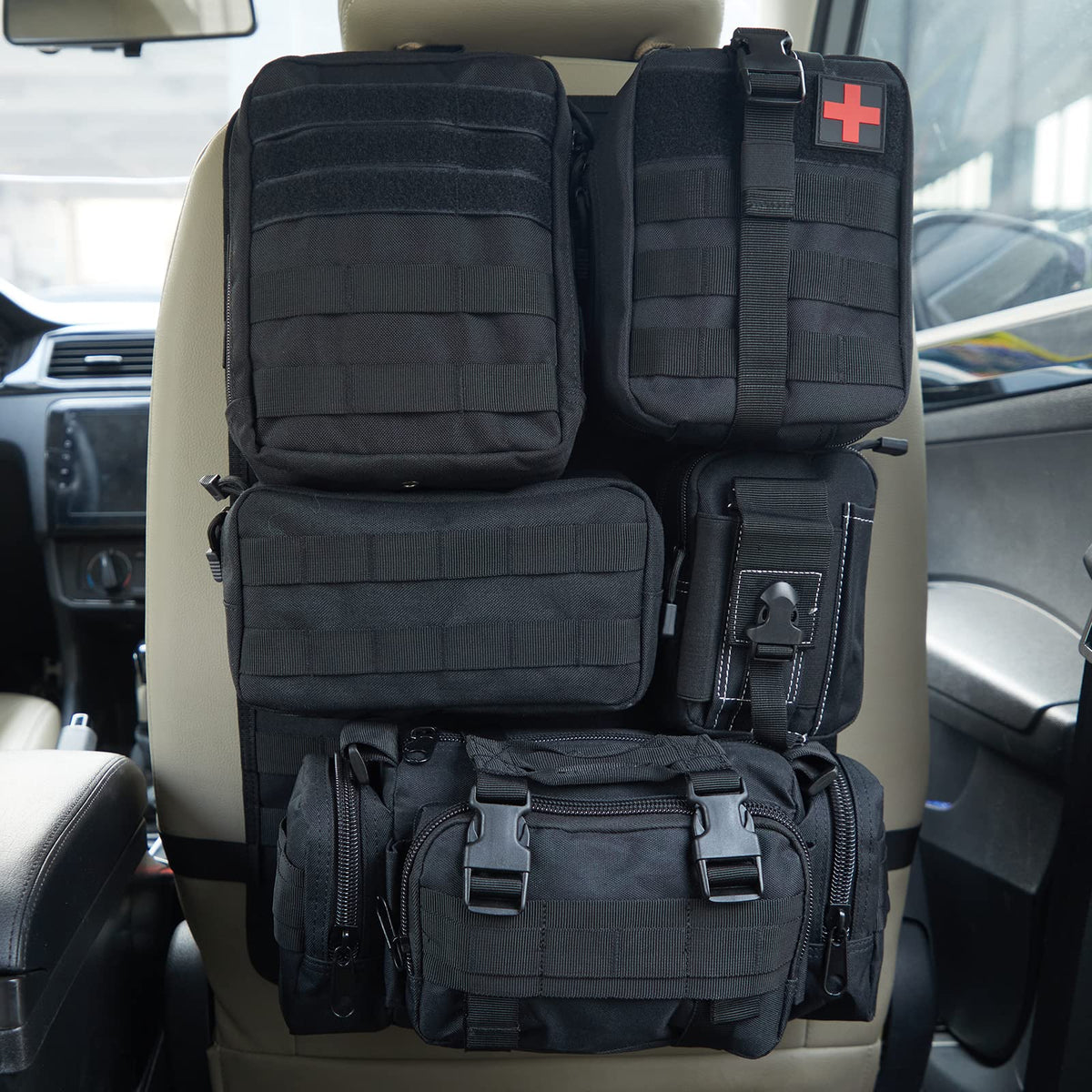 Jimikay universal tactical seat back organizer front view keeps essentials within easy reach.