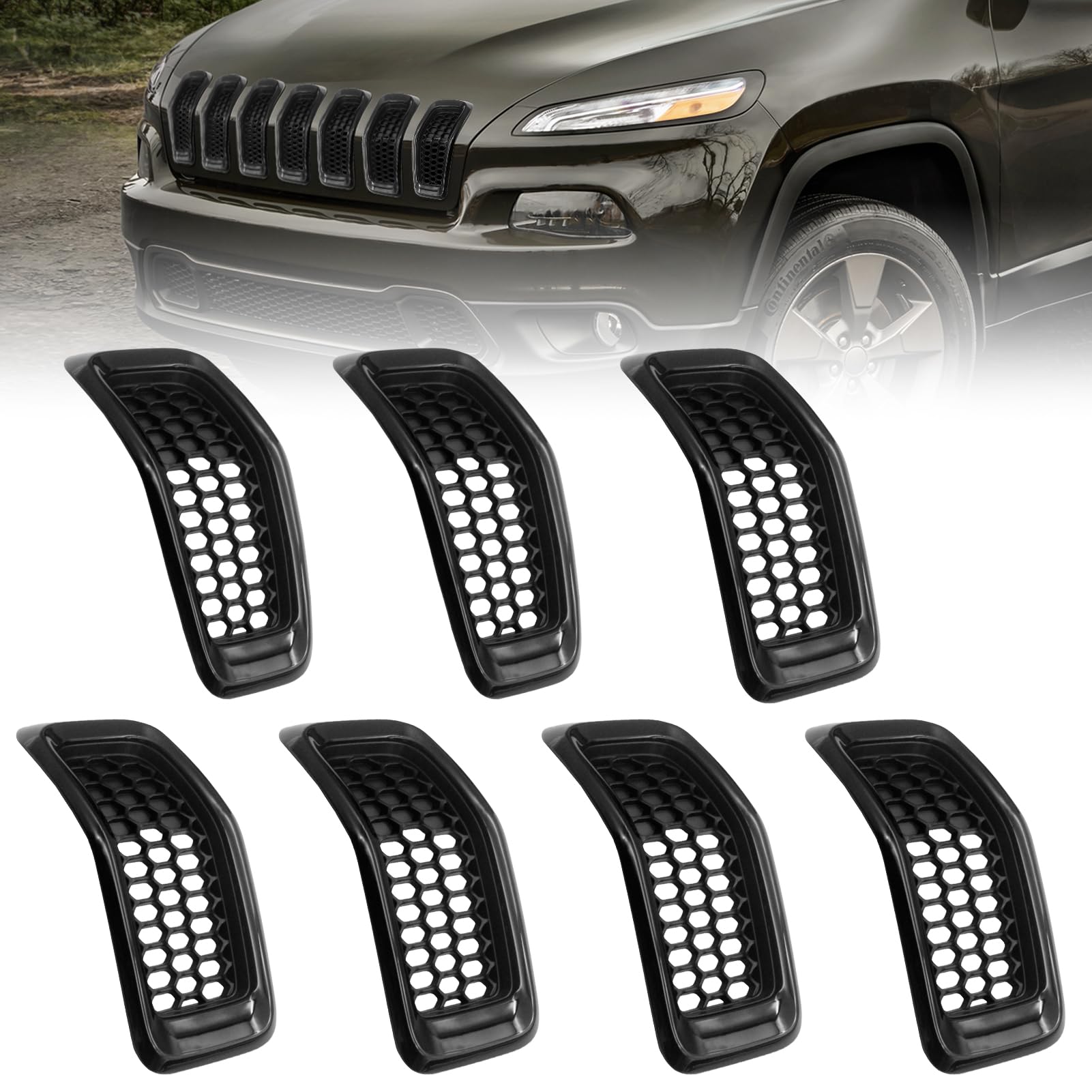 JINCHEN 7pcs grill mesh inserts for Jeep Cherokee front view with bright black finish for protection and style
