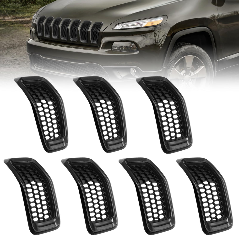 JINCHEN 7pcs grill mesh inserts for Jeep Cherokee front view with bright black finish for protection and style