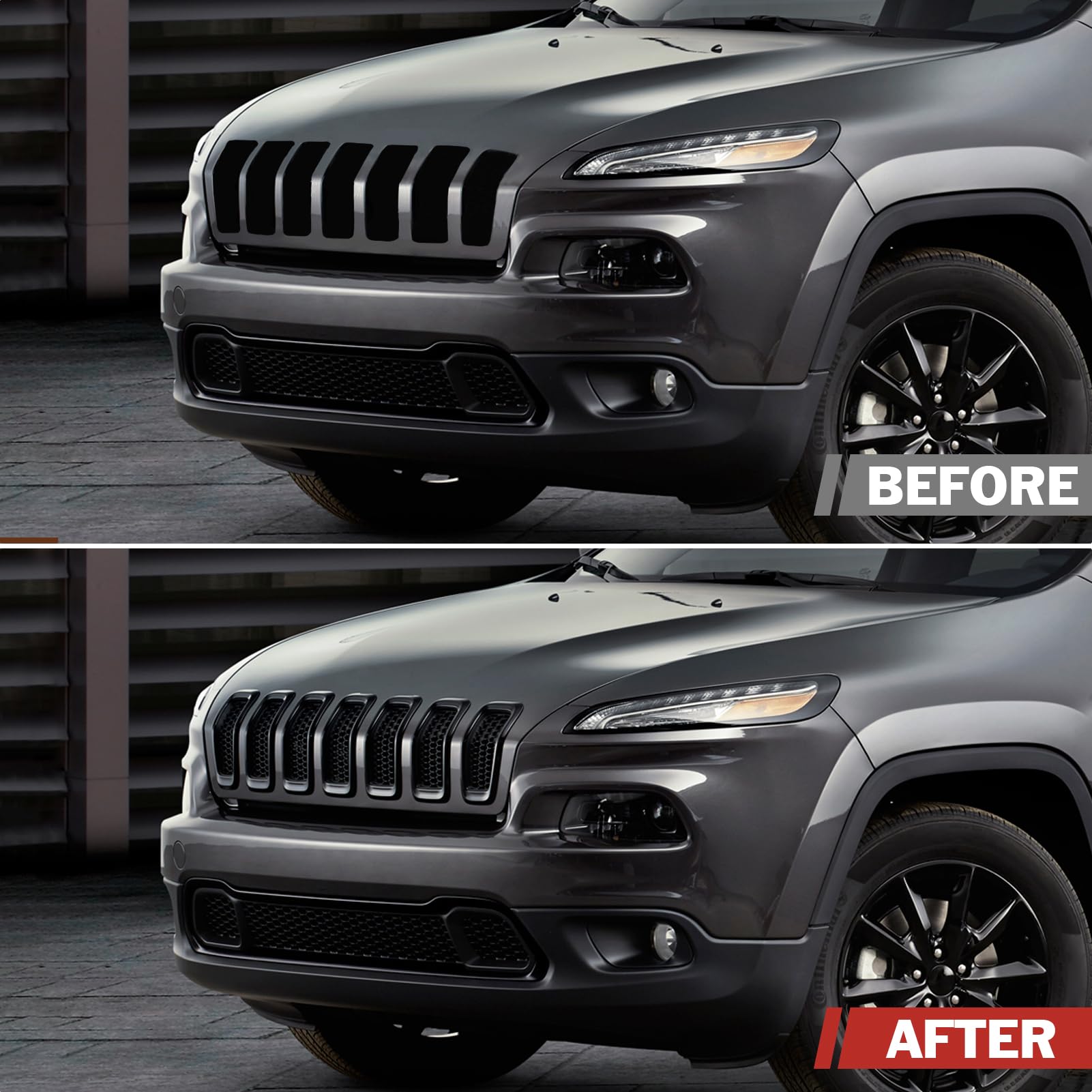 JINCHEN clip-on grill inserts showing tool-free installation on Jeep Cherokee