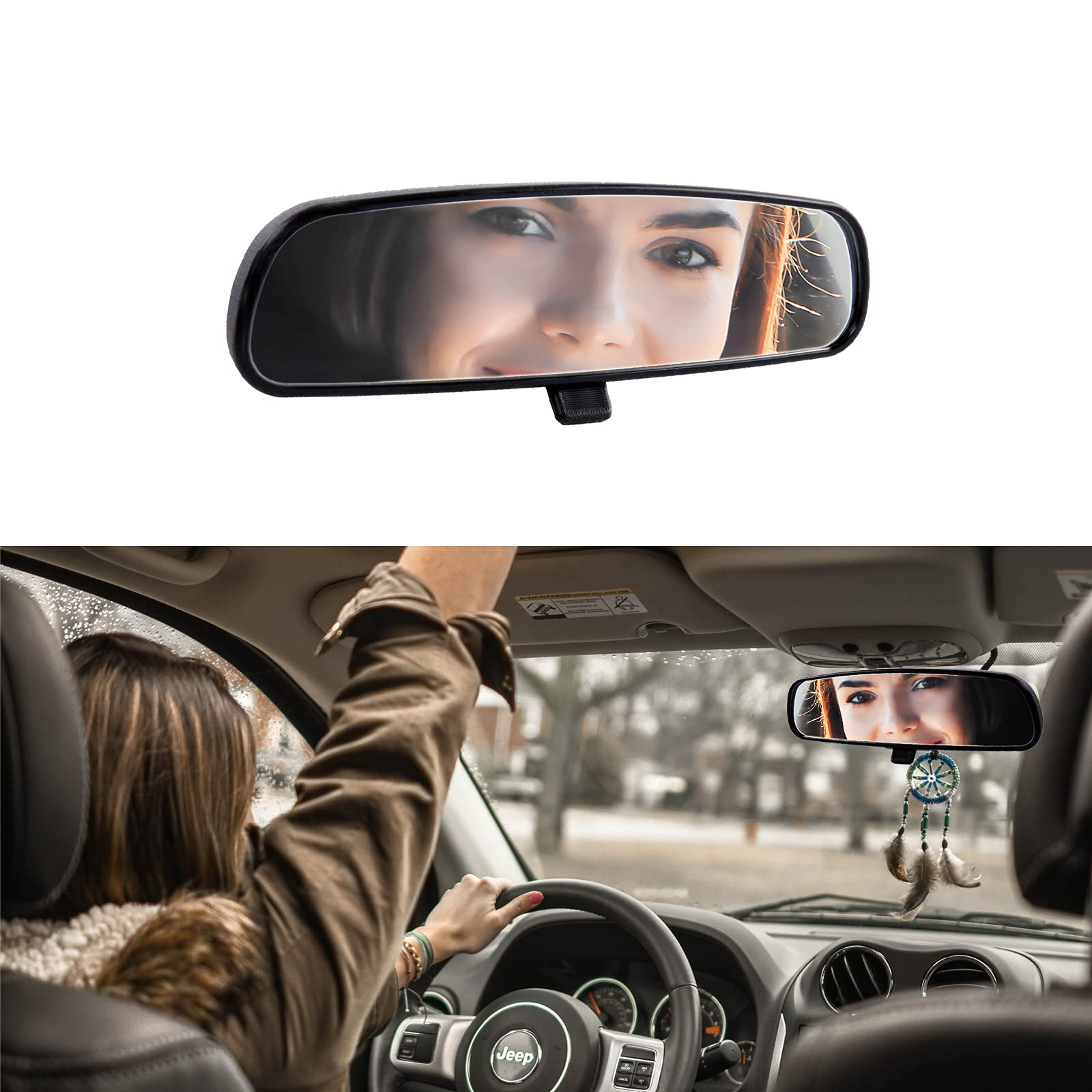 JINGEA rear view mirror assembly for Jeep provides clear daytime and night visibility.