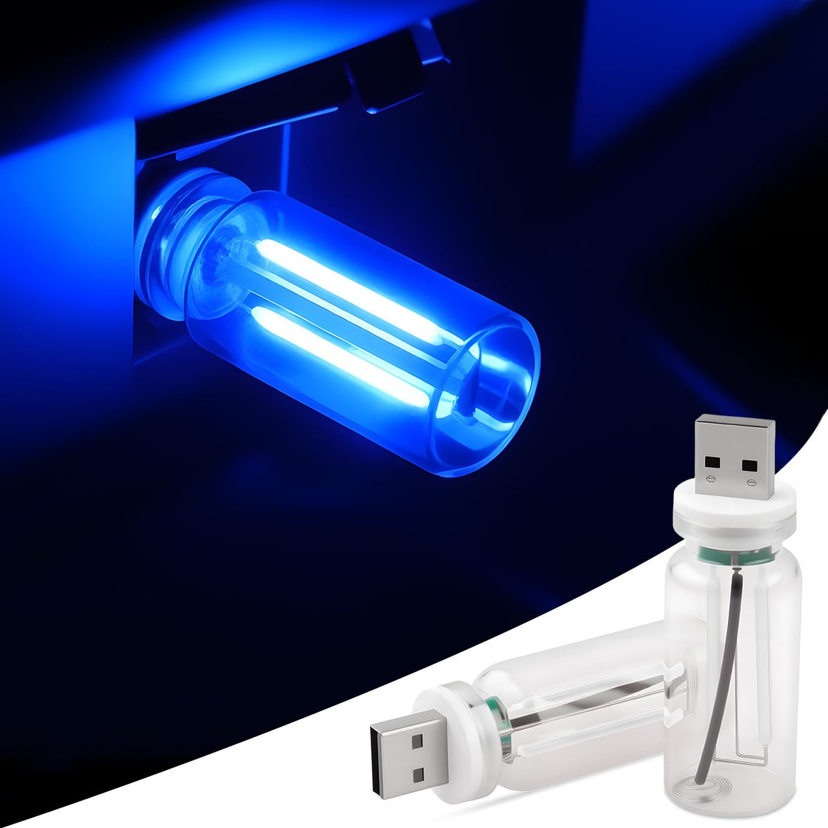 JINRUITOP blue glass bottle USB light for car interior with calming ambience.