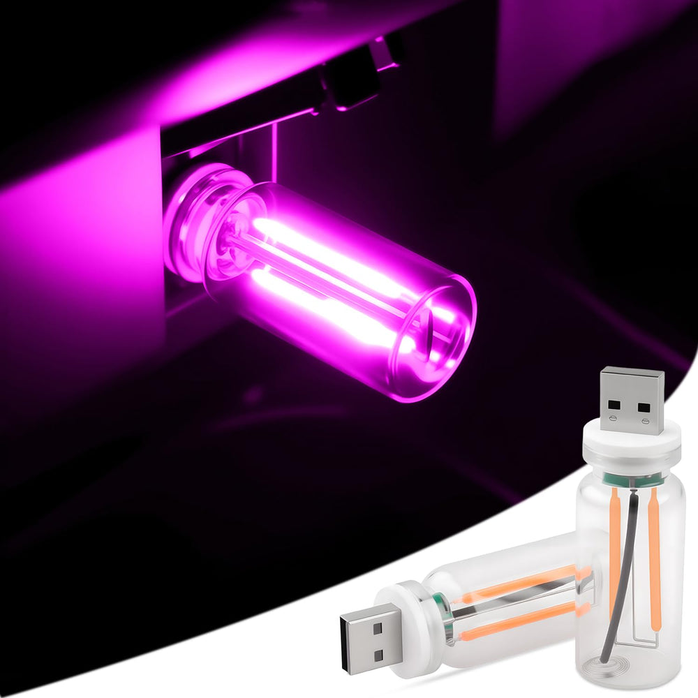 JINRUITOP car USB lights with purple glass bottle create a soft interior glow.