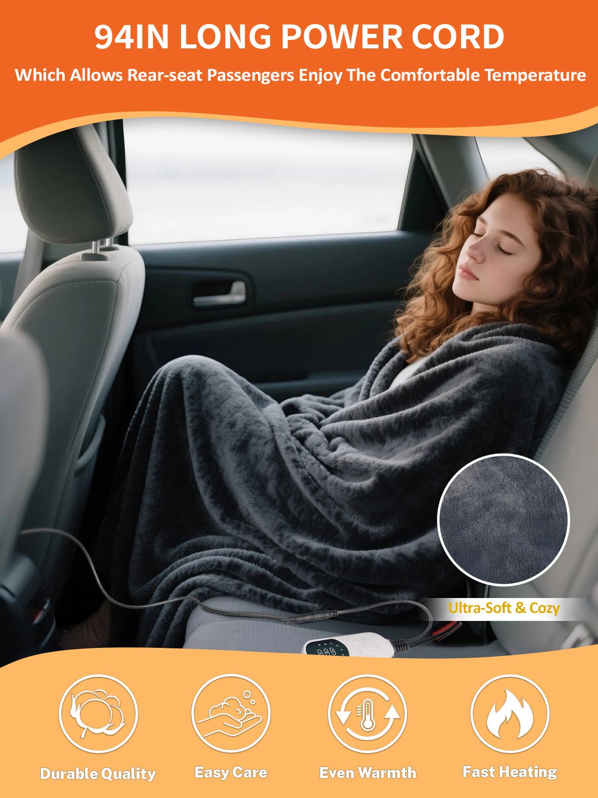 Jisejima blanket's 91-inch cord reaches front and back seats for shared warmth.