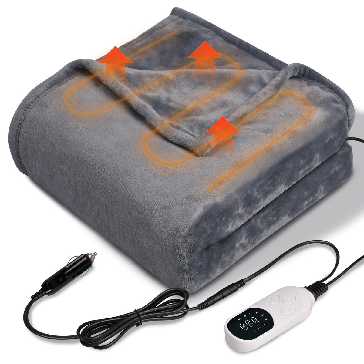 Jisejima 12V heated car blanket shows ultra-soft flannel and cozy warmth for winter drives.