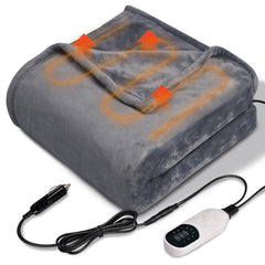 Jisejima 12V heated car blanket shows ultra-soft flannel and cozy warmth for winter drives.