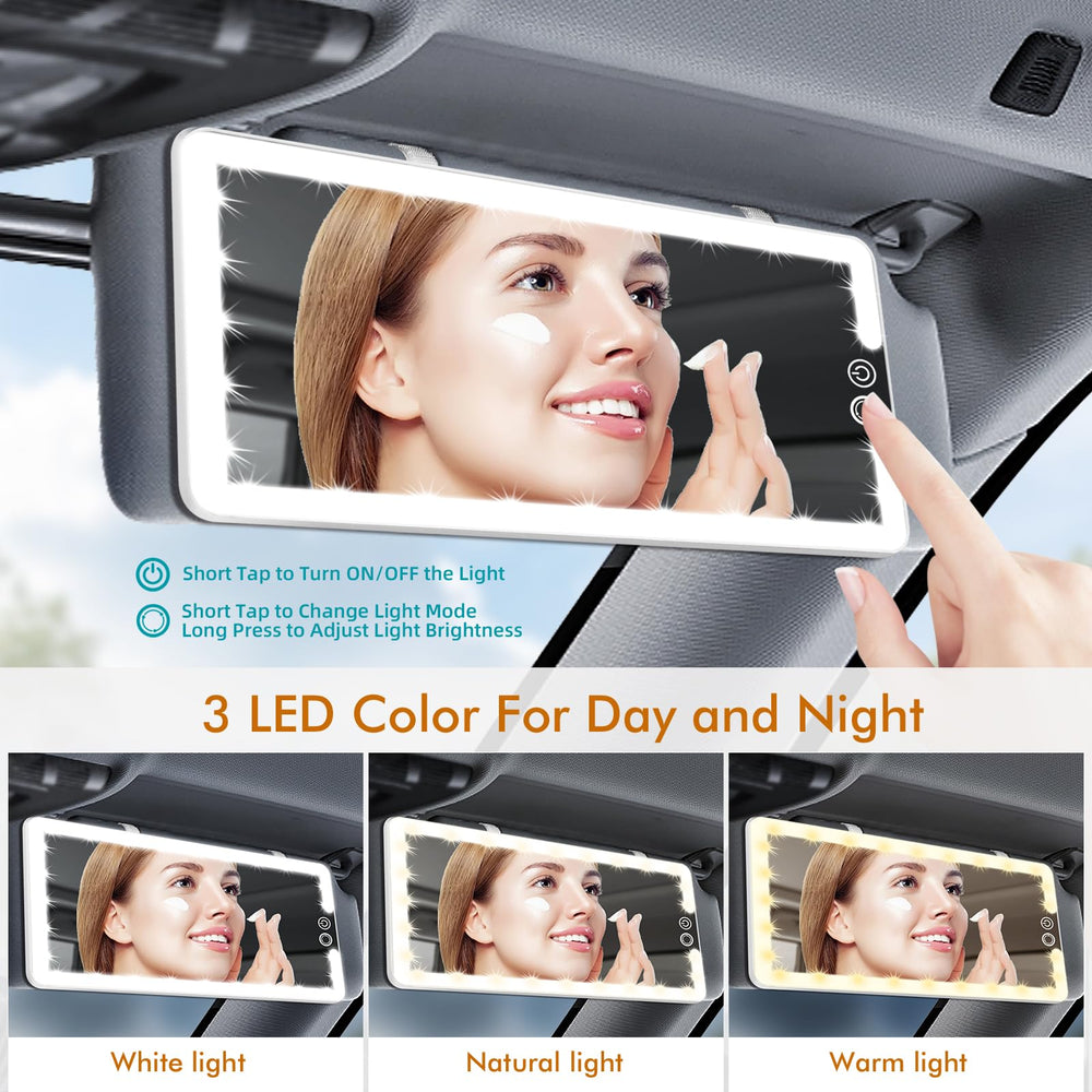 JJhxr rechargeable visor mirror provides convenient makeup on trips without frequent battery changes.
