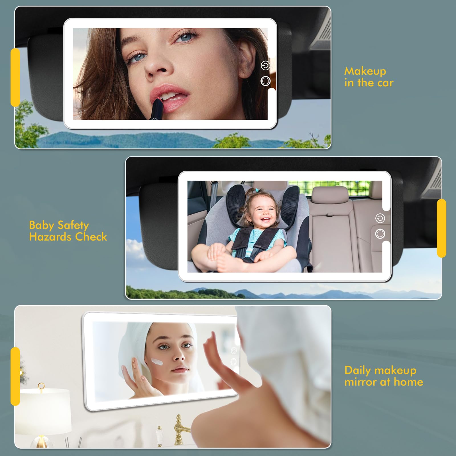 JJhxr visor-mirror with 3-color LED lights for natural makeup shading.