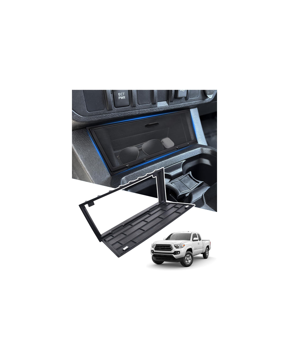 JJMY center console cover for Tacoma hides charging area and adds hidden storage.