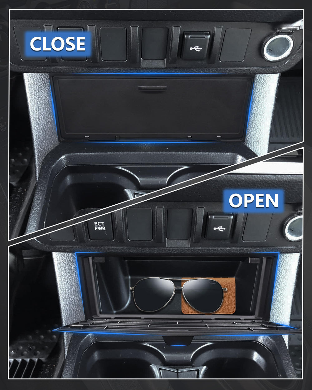 JJMY center console upgrade for Tacoma blends with factory interior.