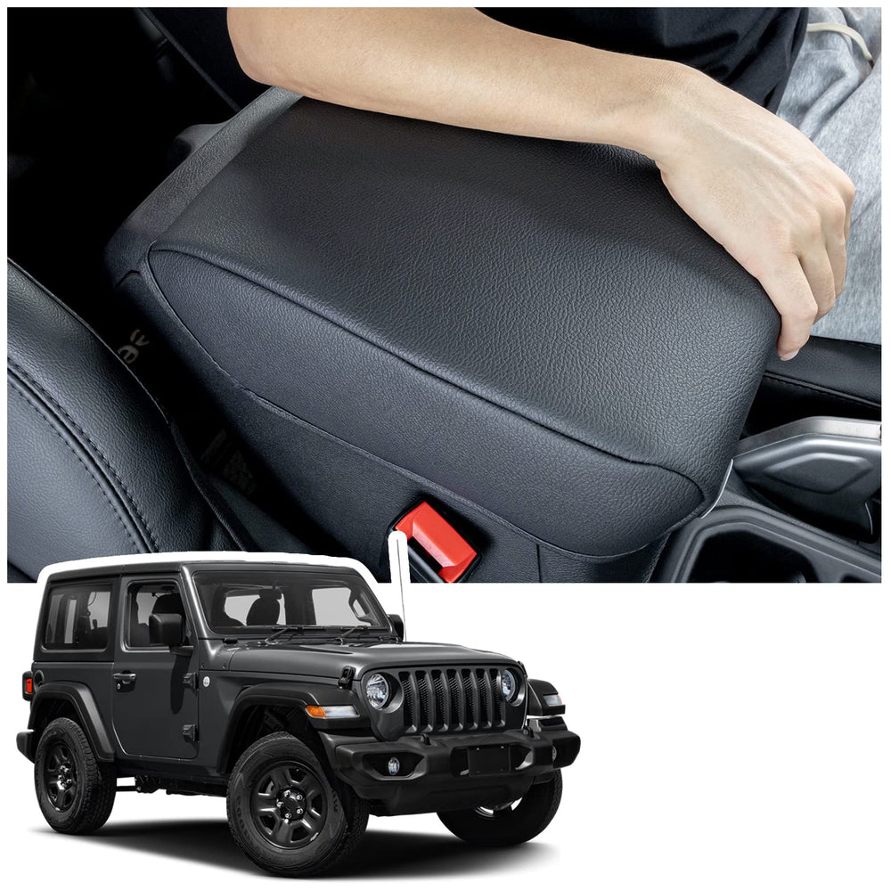 JKCover center console armrest cover on Jeep Wrangler JL showcases snug fit and premium PU leather.