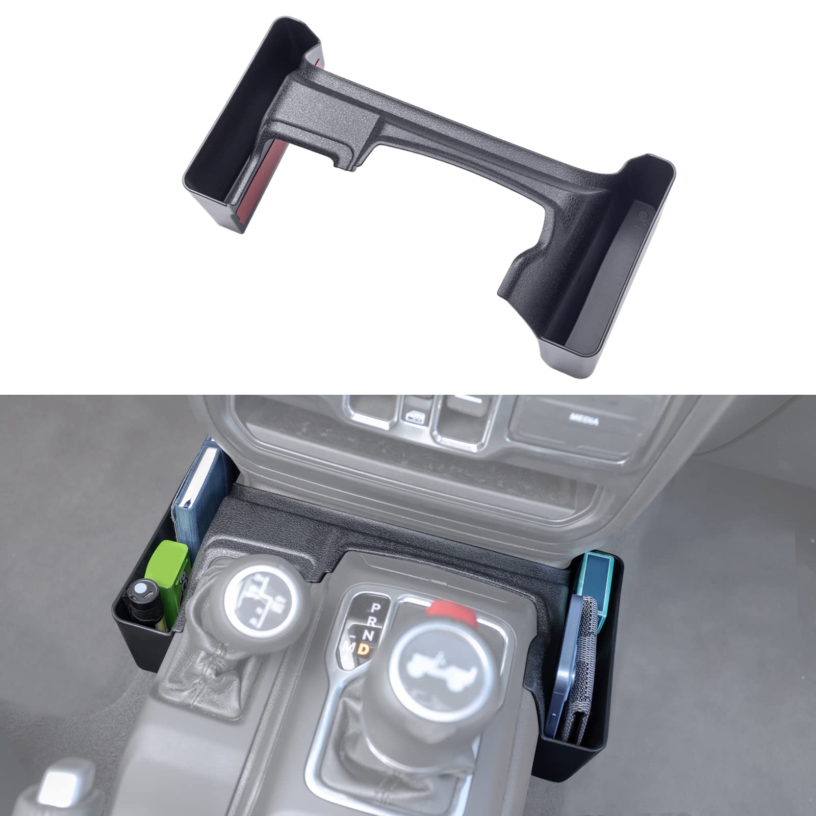 JKCover gear shift organizer tray installed in Jeep Wrangler JL shows side storage pocket and organized cabin