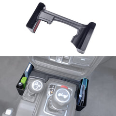 JKCover gear shift organizer tray installed in Jeep Wrangler JL shows side storage pocket and organized cabin