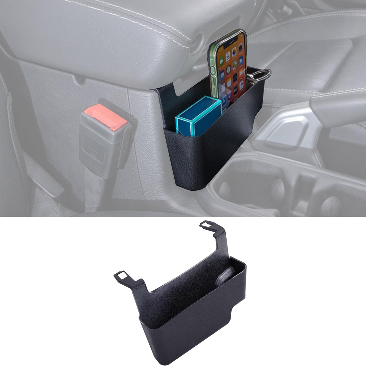 JKCOVER center console hanging box on Wrangler JL/JLU front armrest for quick access.