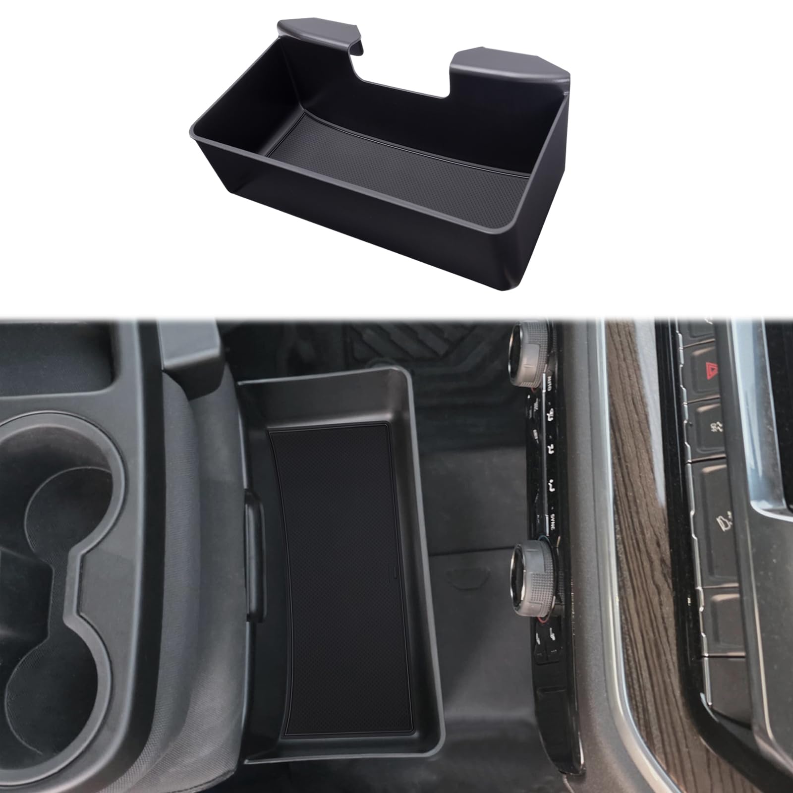 JKCOVER center console hanging organizer box, top view, for Silverado/Sierra storage.