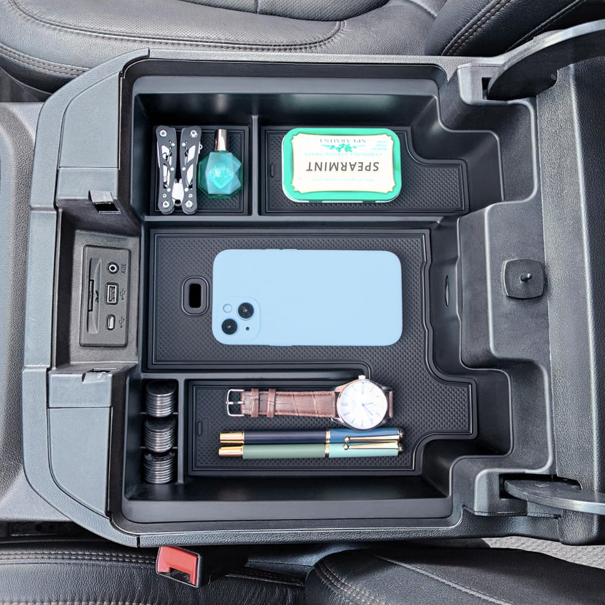 JKCover center-console-organizer-tray-full-size-fit keeps essentials neatly organized in your truck