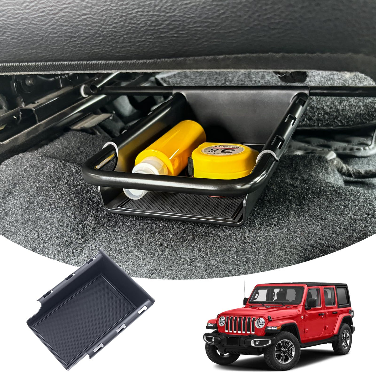 JKCover front under-seat storage tray keeps essentials organized in a Jeep Wrangler.