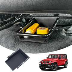 JKCover front under-seat storage tray keeps essentials organized in a Jeep Wrangler.