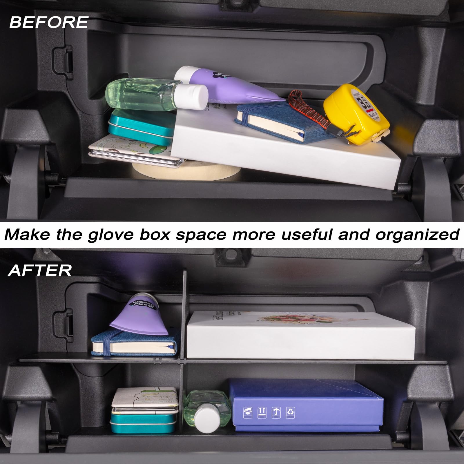 JKCOVER patent design insert creates separate slots in the glove box for easy access.