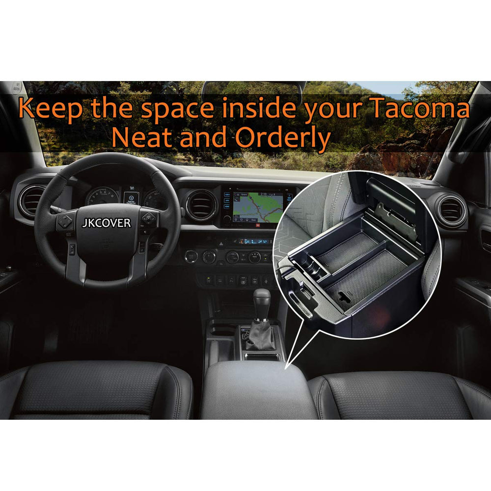 JKCOVER center-console tray close-up shows easy access and finish