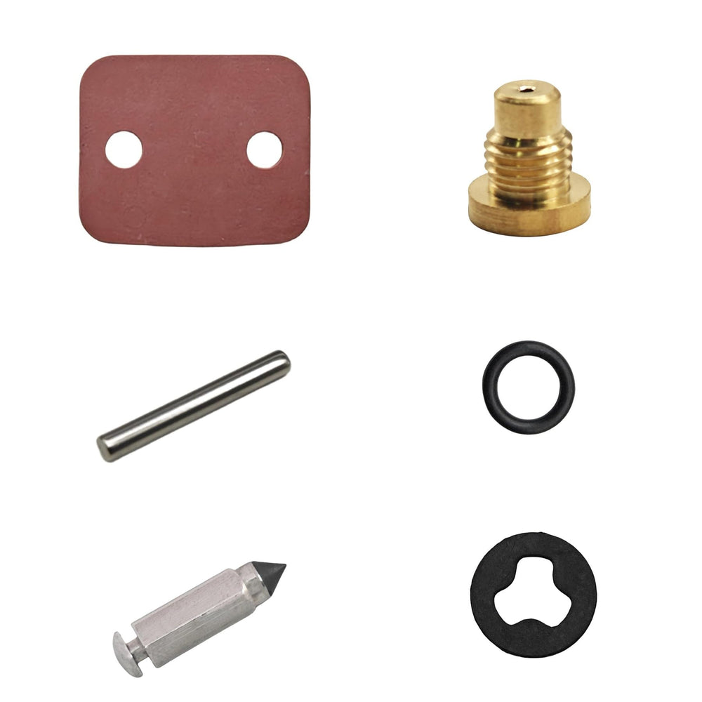 Carburetor rebuild kit parts arranged to show HP compatibility range