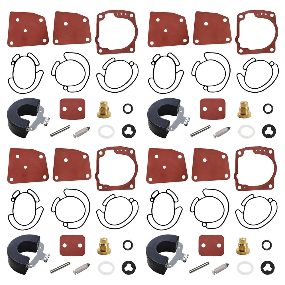 JLM Marine 4-pack carburetor rebuild kit components laid out for install