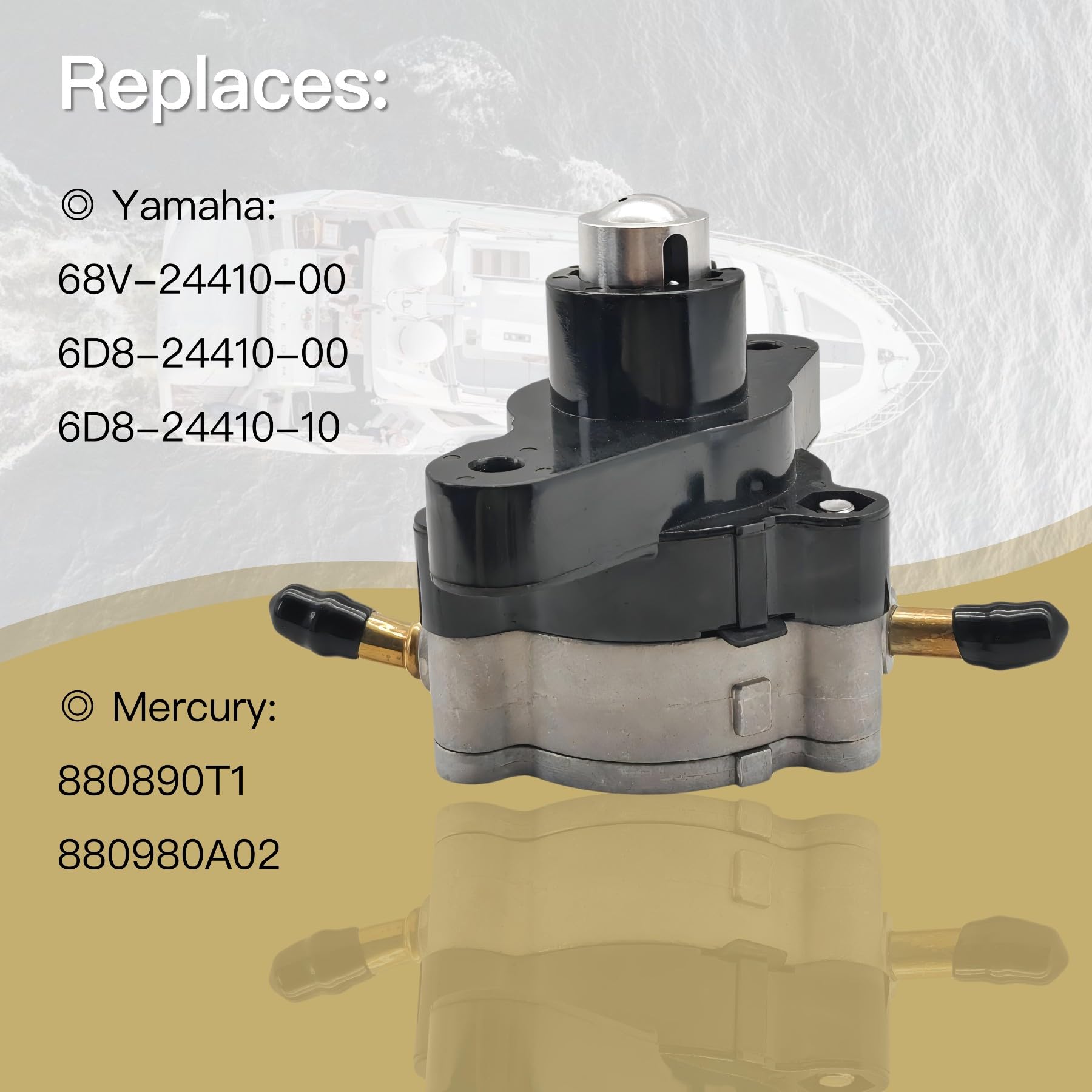 JLM Marine fuel pump with labeling demonstrates compatibility with multiple Yamaha and Mercury models.