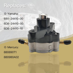 JLM Marine fuel pump with labeling demonstrates compatibility with multiple Yamaha and Mercury models.
