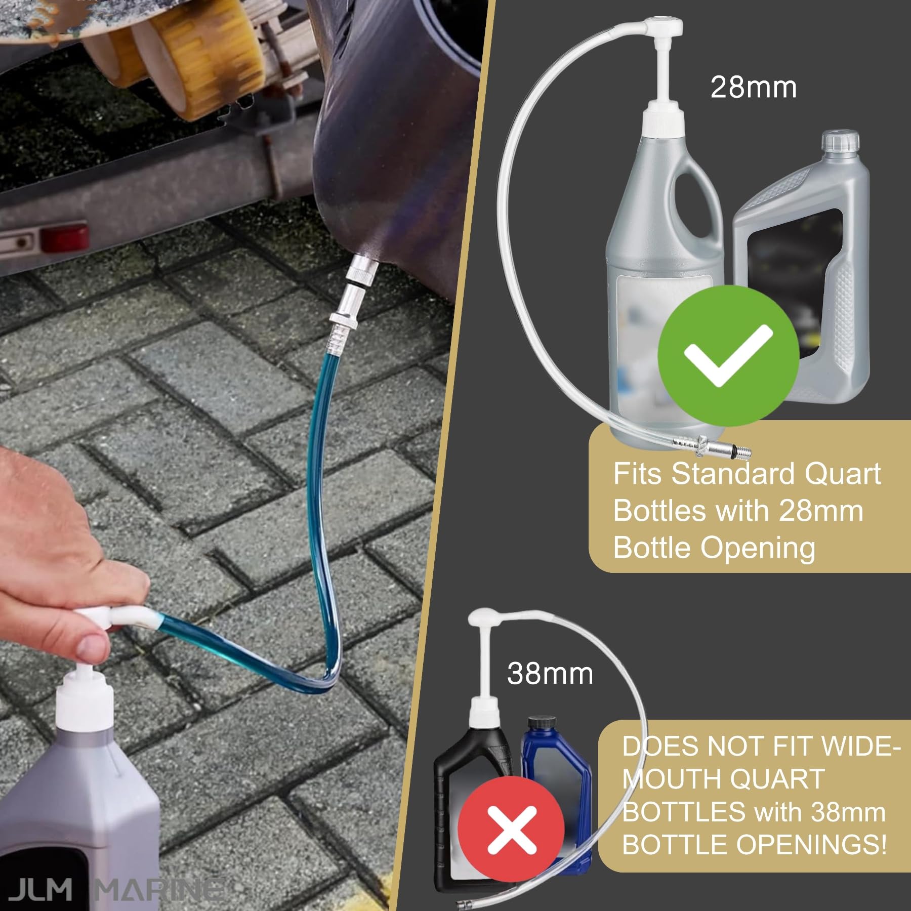 JLM MARINE hose and suction tubes reach tight fill ports for mess-free pours