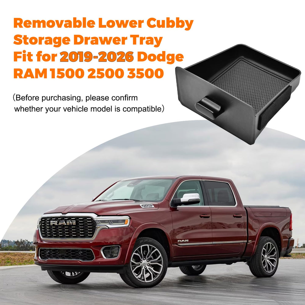 JLQP center-console drawer mounted in Dodge Ram for quick access to small items.