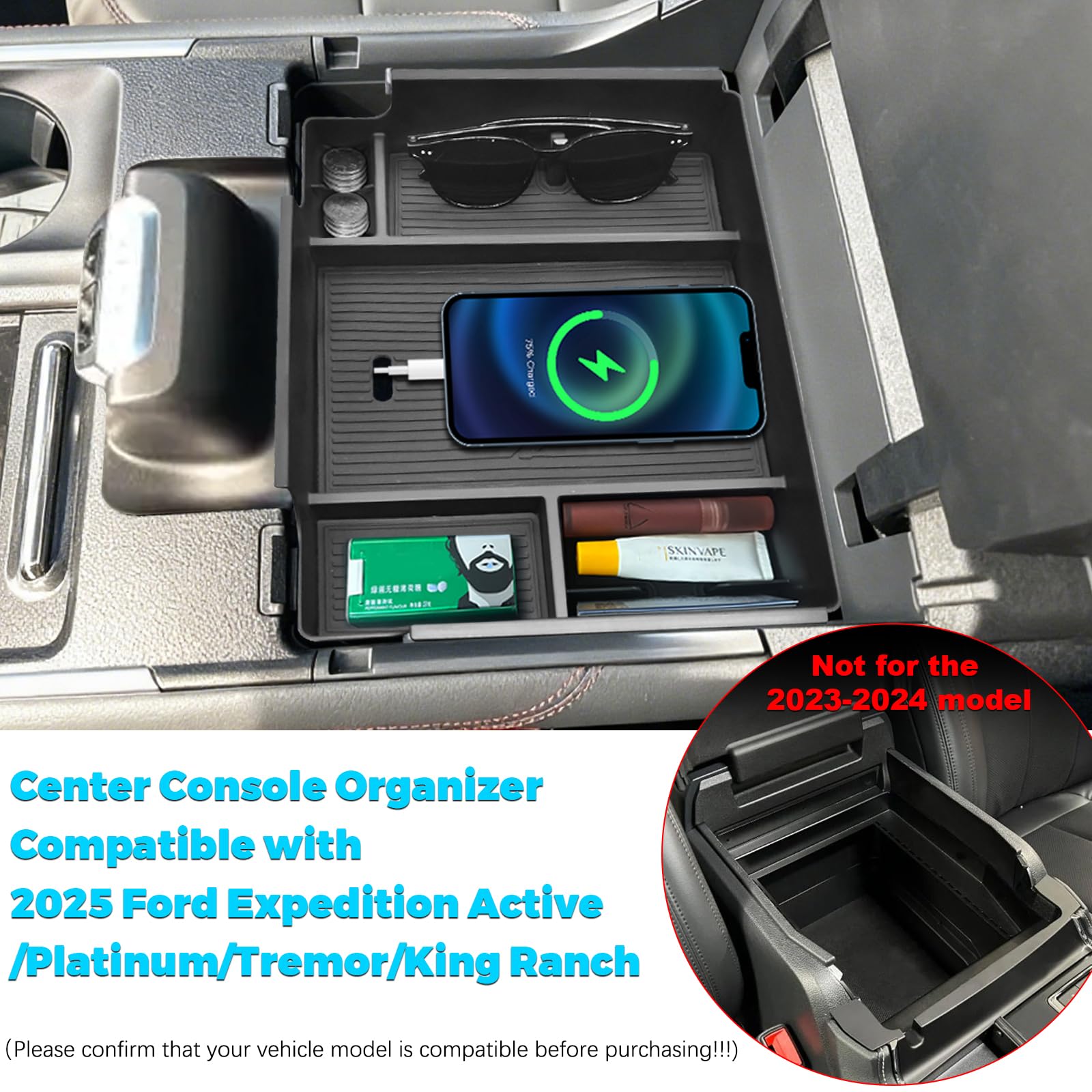 JLQP center console storage compartments keep phone, sunglasses, and coins organized.