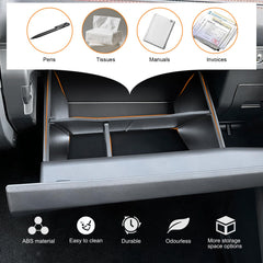 JLQP Frontier glove box upper and lower compartments help you reach items quickly.