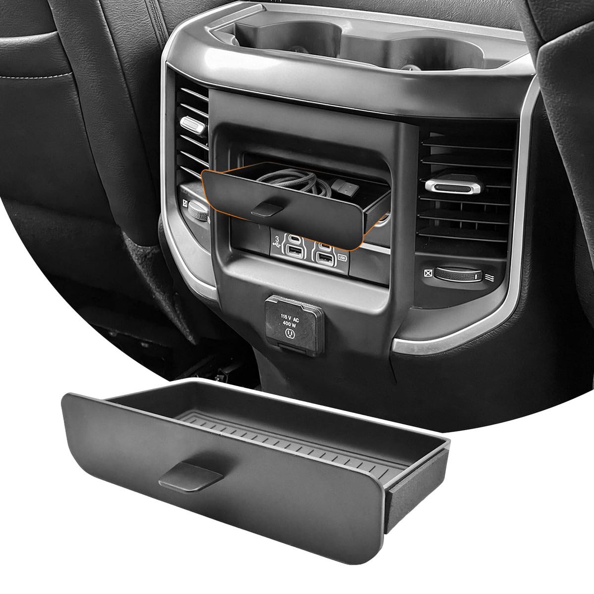 JLQP rear seat storage tray with cubby keeping cables organized in the Dodge Ram interior
