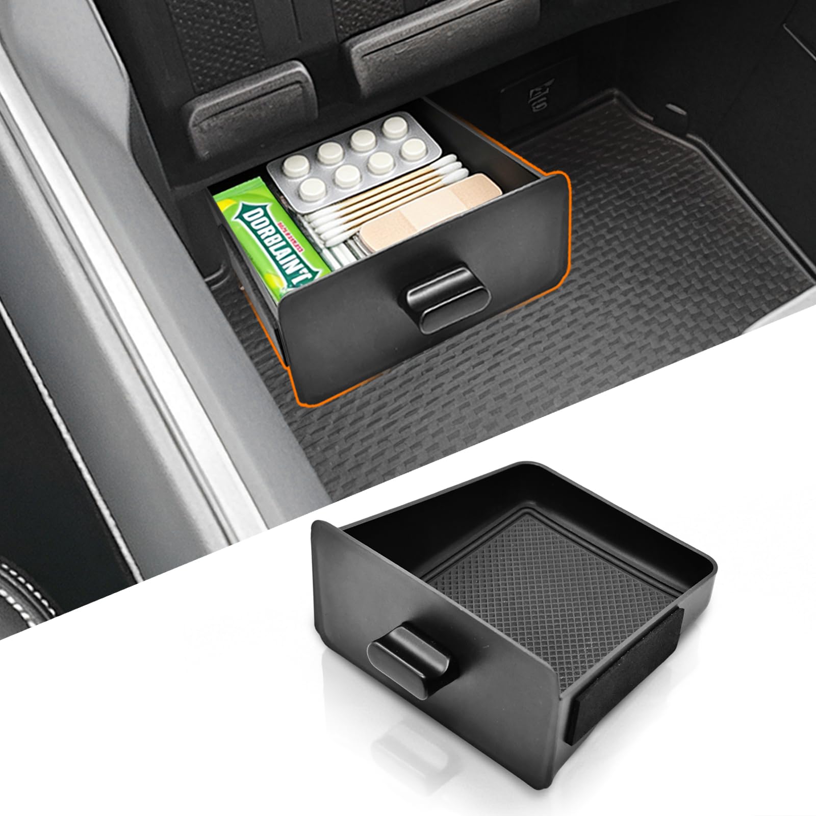 JLQP removable storage drawer installed in Ram center console for tidy cubby organization.