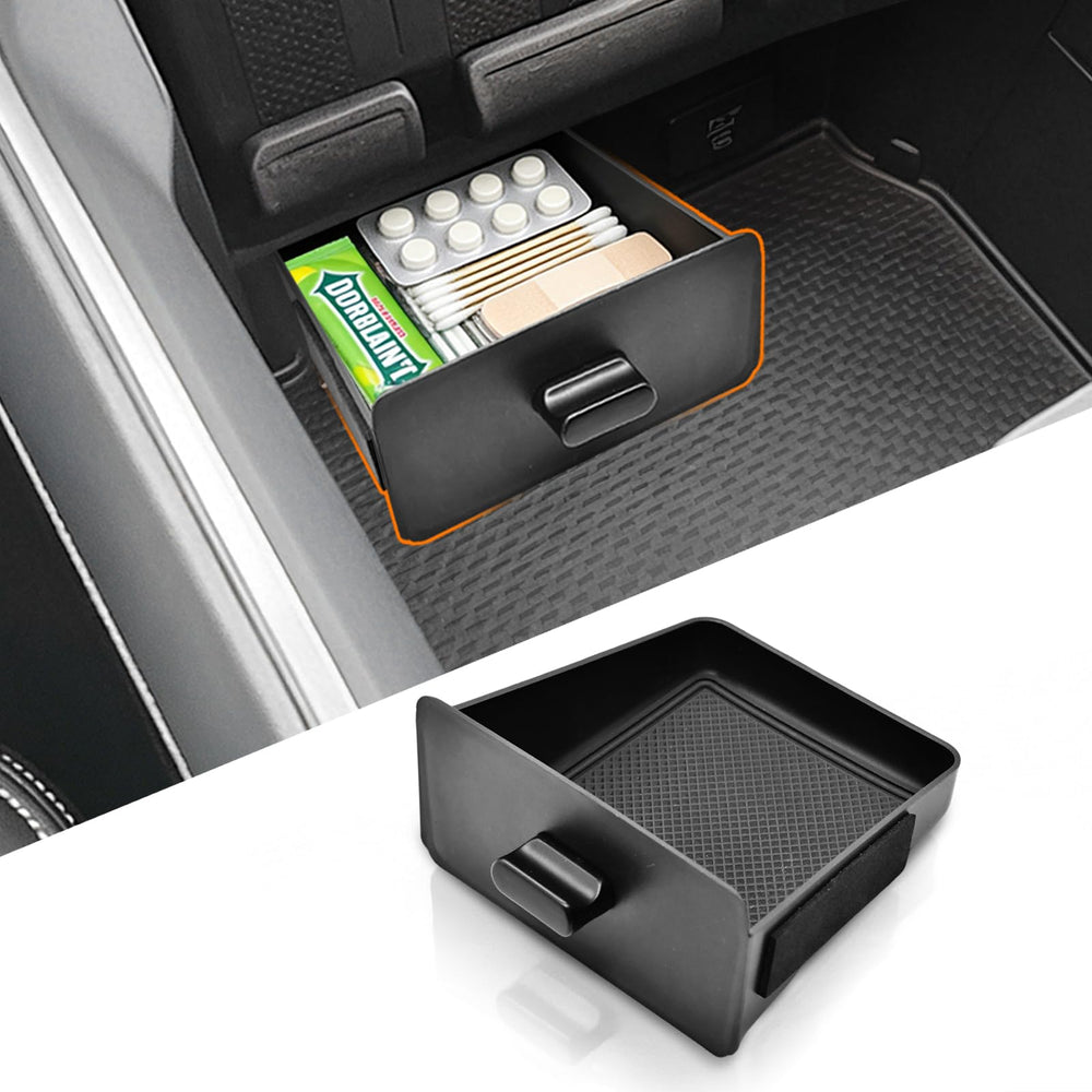 JLQP removable storage drawer installed in Ram center console for tidy cubby organization.
