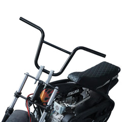 JMCHstore black mini bike handlebar side view highlighting reinforced center bar for durability