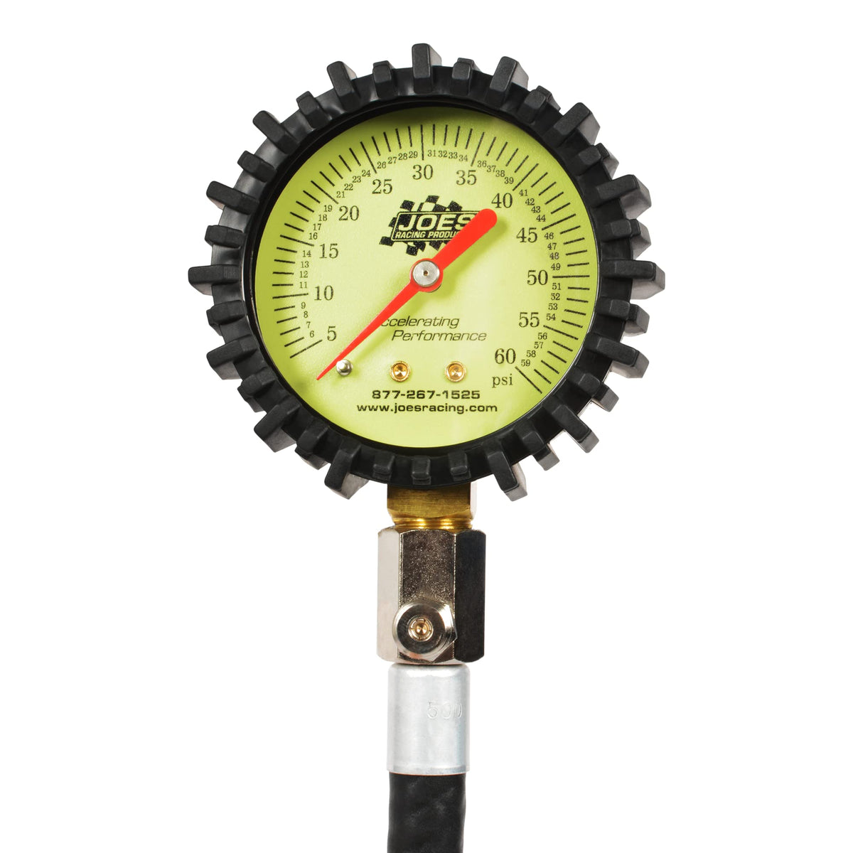 Joes Racing 32307 glow dial face enables quick nighttime tire pressure checks.
