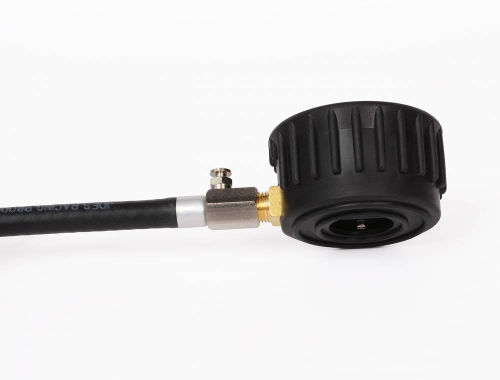 Joes Racing Pro Tire Gauge angle chuck improves reach for easy inflation checks.