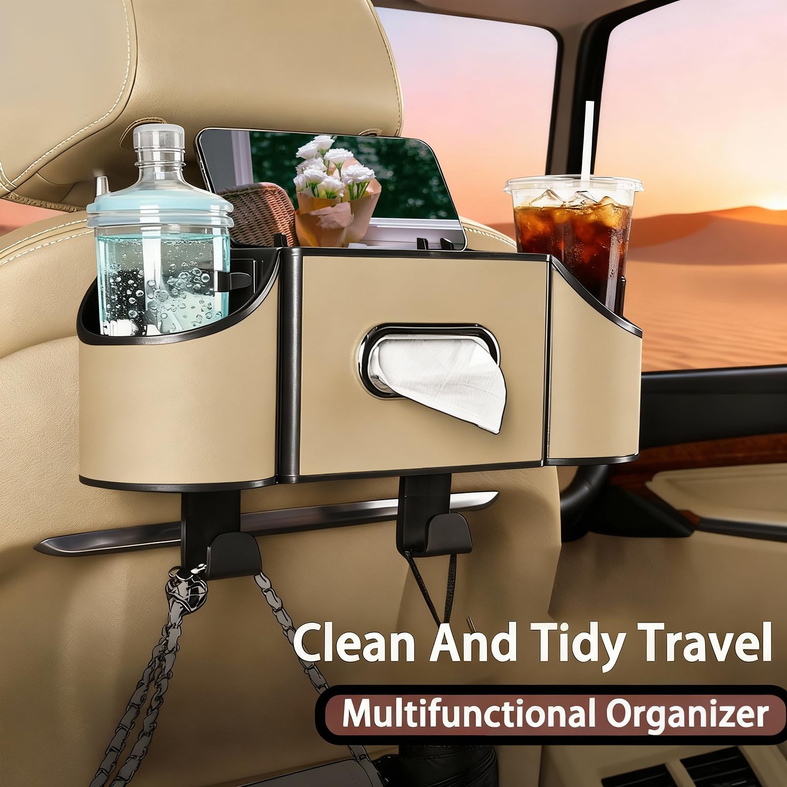 Joezhe backseat organizer with Nappa leather finish for silent, sturdy storage.
