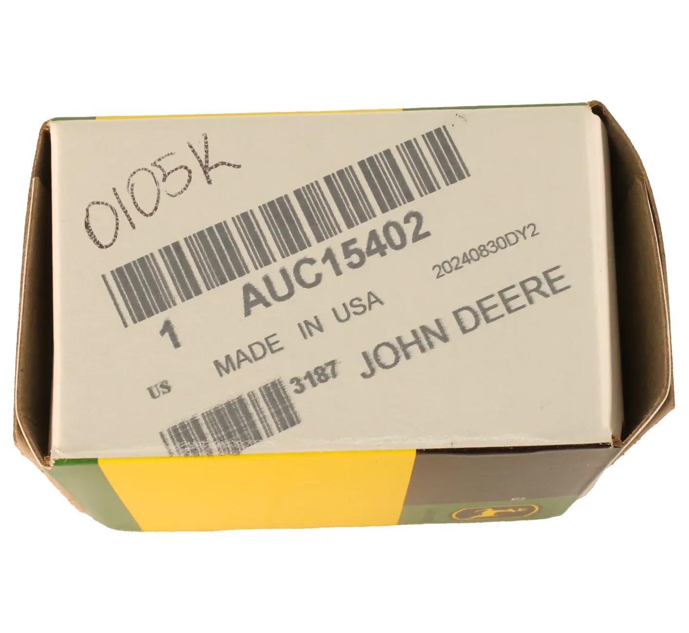 John Deere AUC15402 label close-up indicating OEM quality