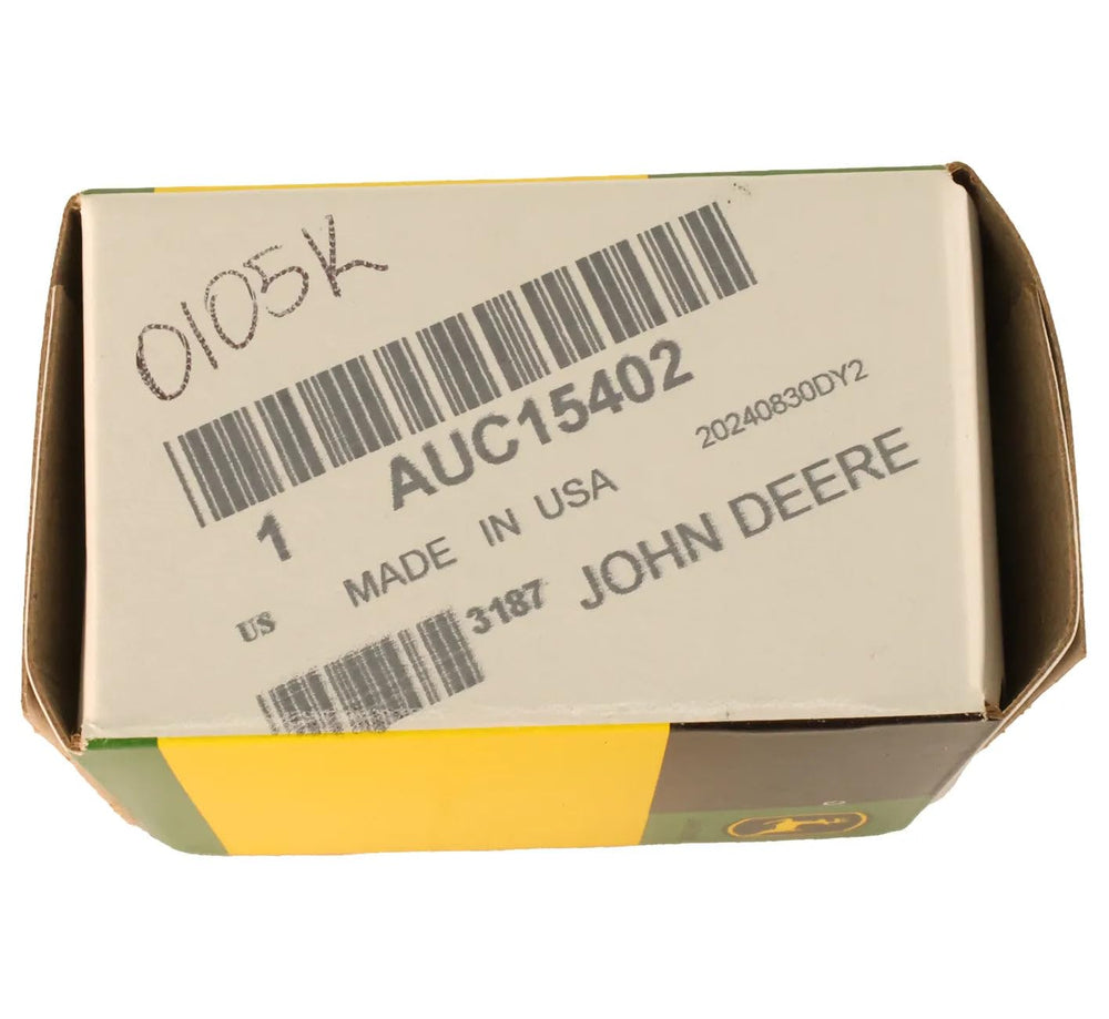 John Deere AUC15402 label close-up indicating OEM quality